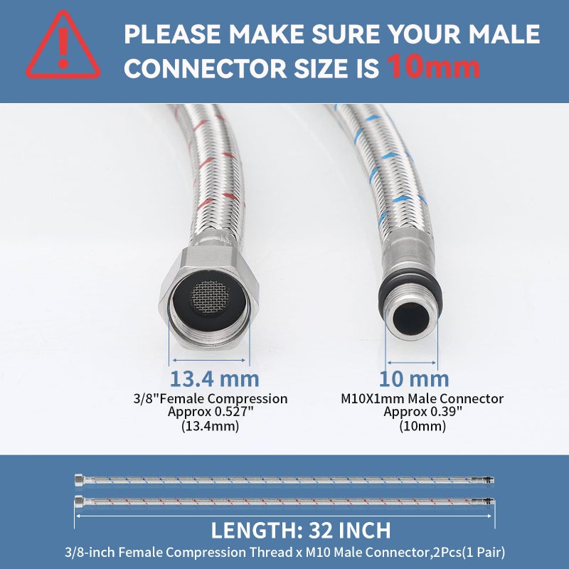 Homevacious 32-Inch Long Stainless Steel Supply Lines 3/8-Inch Female Compression Thread x M10 Male Connector 2 Pcs (1 Pair) Bathroom Kitchen Faucet Connector Braided Supply Hose - Image 2